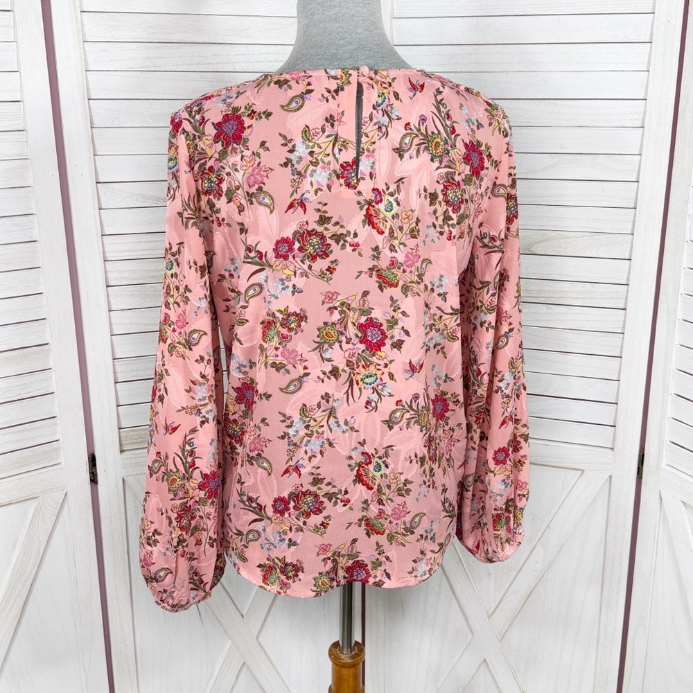 Loft Floral Jacquard Ballon Sleeve Blouse Pink Satin Boho Career Cottagecore S - Picture 5 of 13